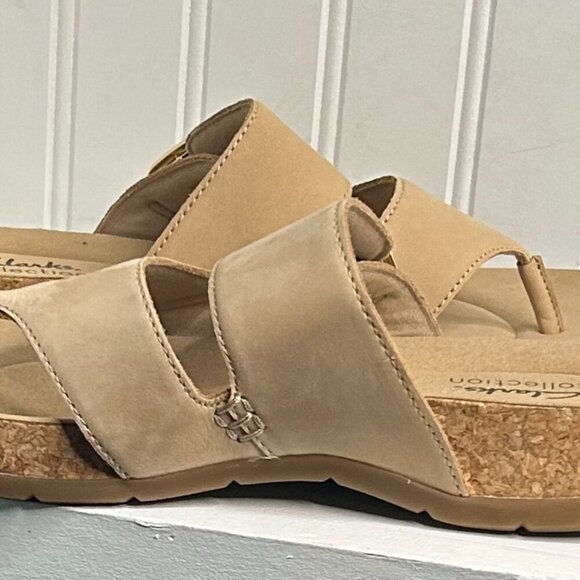 Clarks Reileigh Park Cork Slip-On Thong Sandals in Beige Nubuck Size 8.5 - Picture 3 of 6